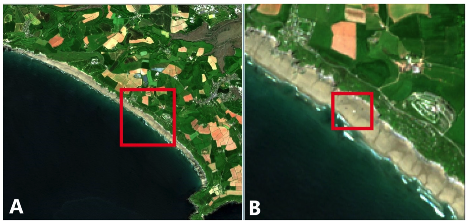 Example of plastic detection on a coastal are using Sentinel-2 images, ©Copernicus 