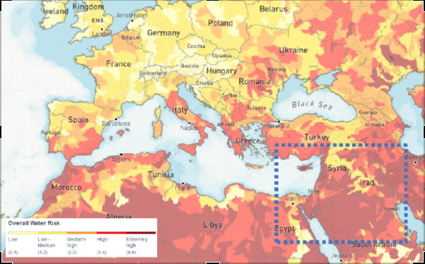Carte de l'indice "Water stress" ou "stress hydrique", du WRI en Europe et au Proche-Orient (2019), ©WRI