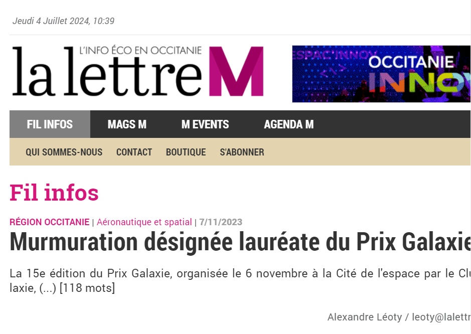 Murmuration désignée lauréate du Prix Galaxie