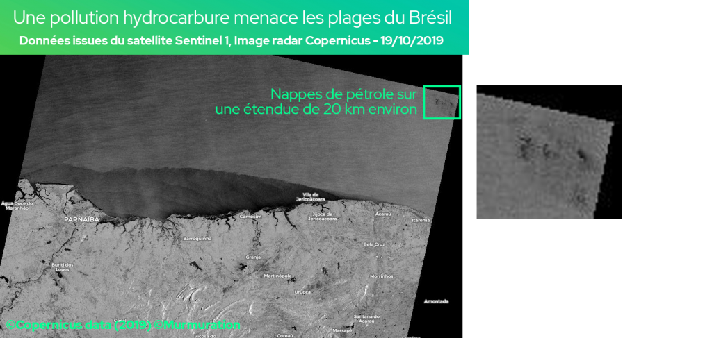 Observation spatiale des cotes brésiliennes et des nappes de pétrole, 2019, ©Copernicus, ©Murmuration