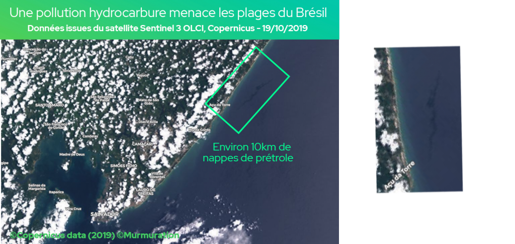 Spacial Observation of Brazilian coasts and oil slicks, Brazil, 2019, ©Copernicus, ©Murmuration
