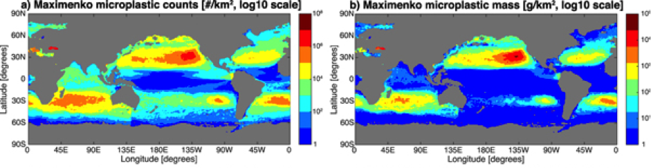 Maps of microplastic count (left column) and mass (right column) distribution for one of the studied statistical models