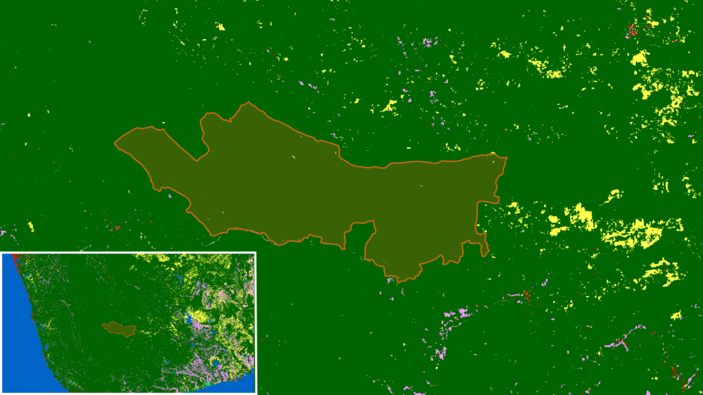 (Carte de l'Indicateur d'Utilisation des Sols, réserve de Sinharaja, Sri Lanka, 2020, ©Murmuration)